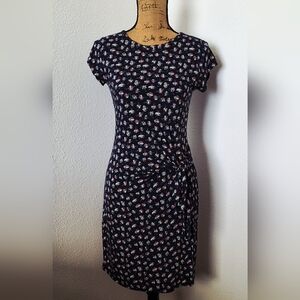 LOFT Navy Floral Short-Sleeve Tie Detail Dress